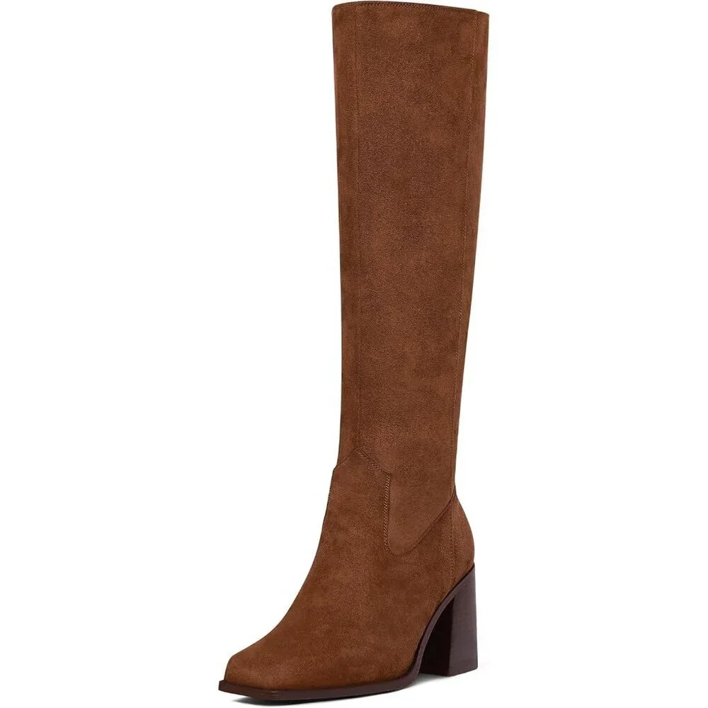 Women Brown-suede Polyurethane Knee High Square Toe Zipper Block Heel Tall Boots